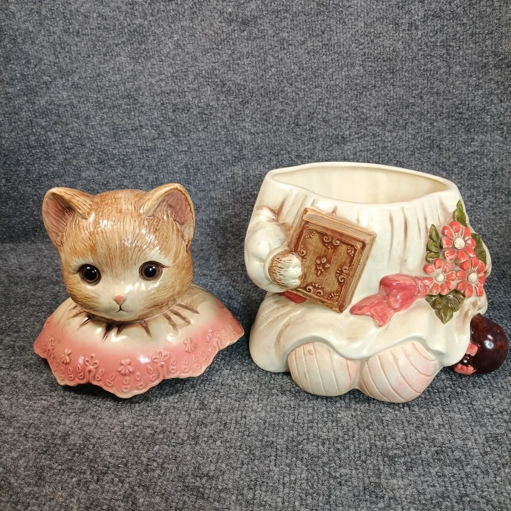 Vintage Cat Cookie Jar Japan Anthropomorphic Ceramic Kitten Pink Book Floral